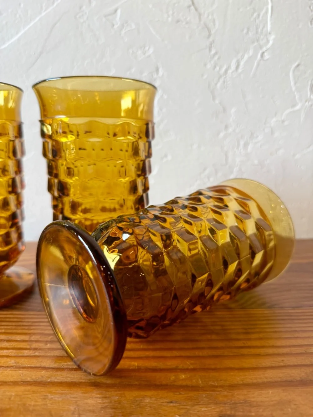 Vintage Indiana Glass Whitehall Cubist Amber Footed Tumblers – Set of 4